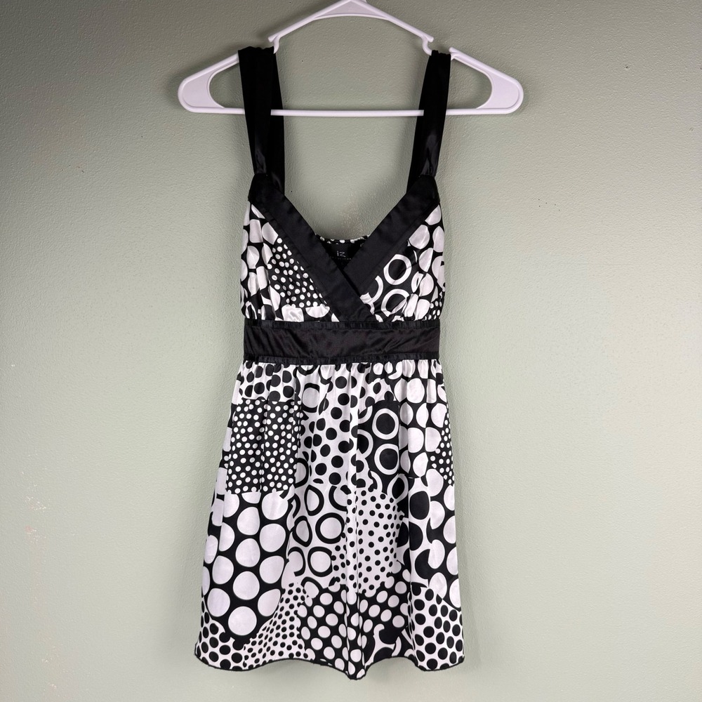 iZ‎ Byer Y2K California Polka Dot Empire Waist Satin Tie Top Black White Large - Picture 3 of 11